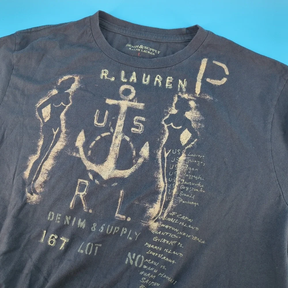 Denim & Supply Ralph Lauren Men Large Graphic Tee Navy Blue Anchor Single Stitch